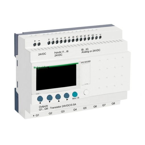 Picture of SR2B202BD Zelio Logic Non-Expandable Controller 12/8 I/O 24VDC TRANSISTOR LADDER,FBD