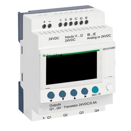 Picture of SR3B102BD Zelio Logic Expandable Controller 6/4 I/O 24VDC Transistor LADDER,FBD